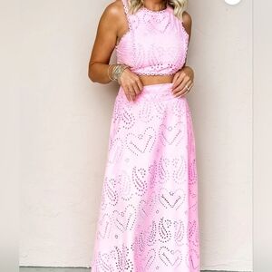 Elegant Pink Eyelet Top & Skirt SET